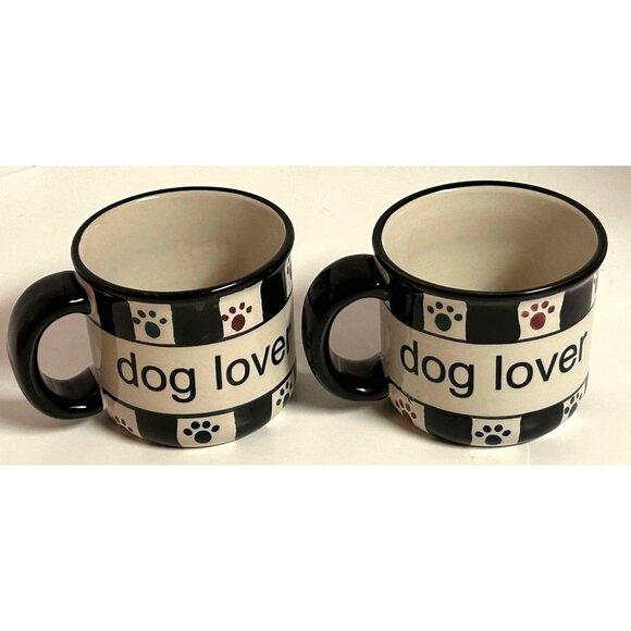 Checkered Dog Lover Ceramic Coffee Cocoa Tea Mugs Paw Print Design Set Of 2 - Picture 5 of 7